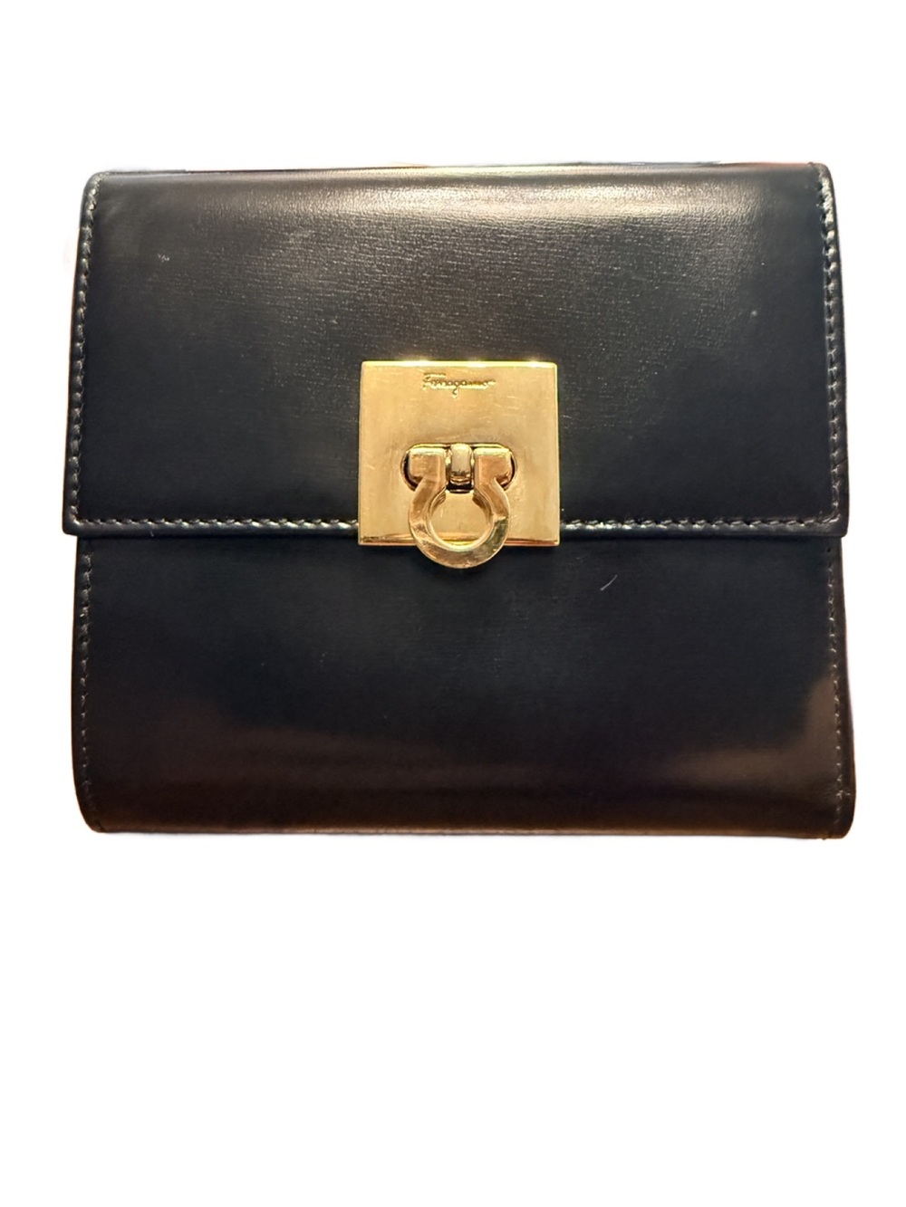 Salvatore Ferragamo Black Leather Wallet with Gold Gancini Plaque
